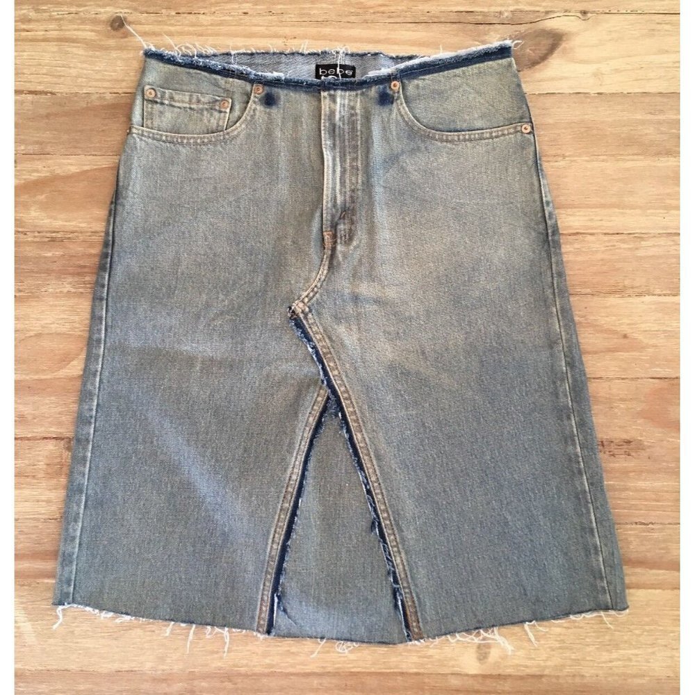 BEBE x Levis Coated Denim Jean Skirt Size 30 Reconstructed Raw Hem A- Line